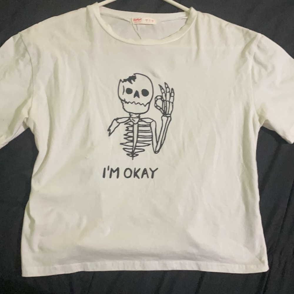 White t-shirt “I’M OKAY” w/ skeleton graphic